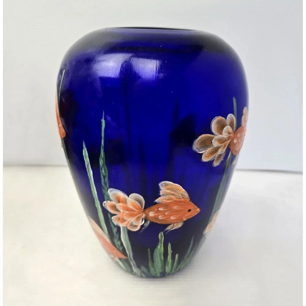 Cobalt Blue Art Glass Vase Hand Painted Koi Goldfish Aquatic Plants 8